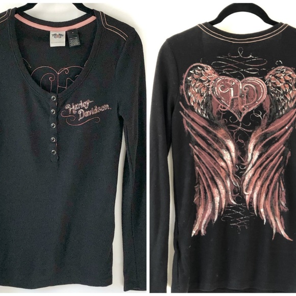 Harley-Davidson Tops - Harley Davidson Black Sequin Thermal Henley EUC S